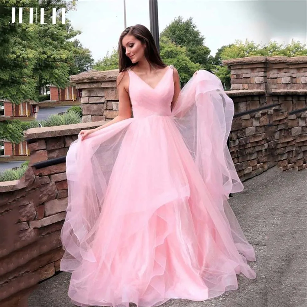 

JEHETH Elegant Pink Tulle Evening Dresses Ruched Sleeveless Prom Party Gowns V Neck Tiered Pink A Line Robe Soiree Floor Length