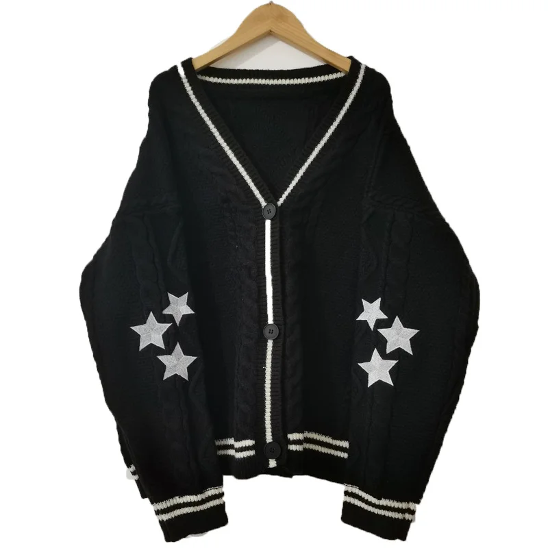 

Женский вязаный свитер со звездами, однобортный Свободный Повседневный свитер с вышивкой и V-образным вырезом в стиле Instagram, осень 2022