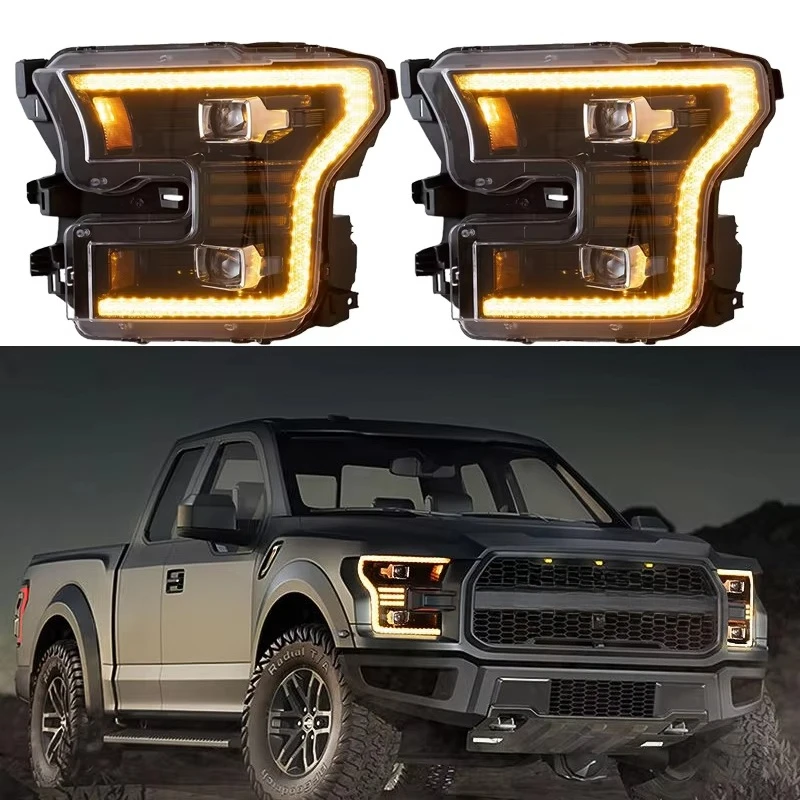 Фото Анимированные светодиодные фары Amber DRL для Ford Raptor 2016-2021, полностью светодиодные передние фары 2015-2017 для F150 №1