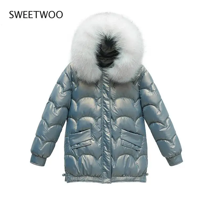 2022 New Winter Jacket Women Coats Parkas Glossy Fur Collar Hooded Overcoat Thick Warm Female Long Cotton Padded Parka Jackets