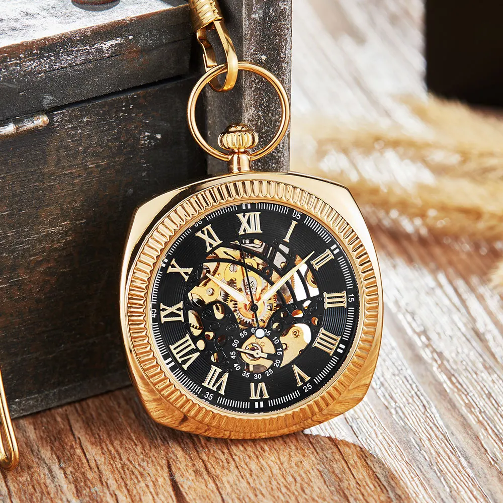 Retro Antique Black Golden  Mechanical Pocket Watch Men Women Blue Roman Numerals Dial Clock Luxury  Skeleton FOB Chain Watches
