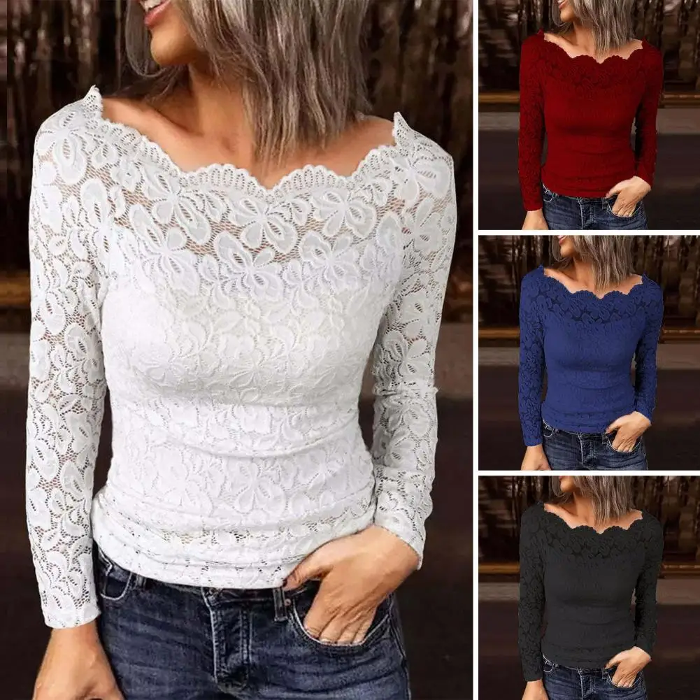 

Women Solid Color Top Chic Off-shoulder Lace Blouses Elegant Women's Streetwear for Slim Fit Style Fashionable One-shoulder