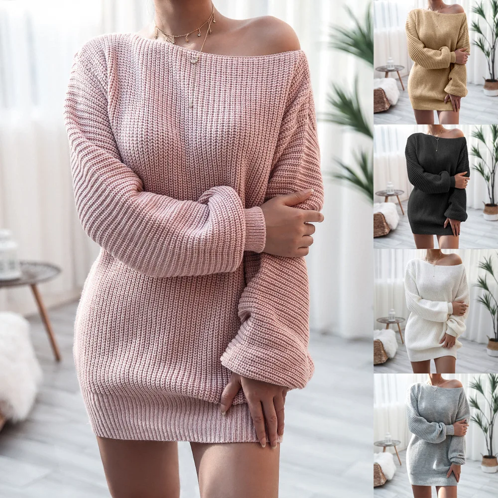 Autumn and winter European and American long sleeved one line collar casual loose knitted wool dress