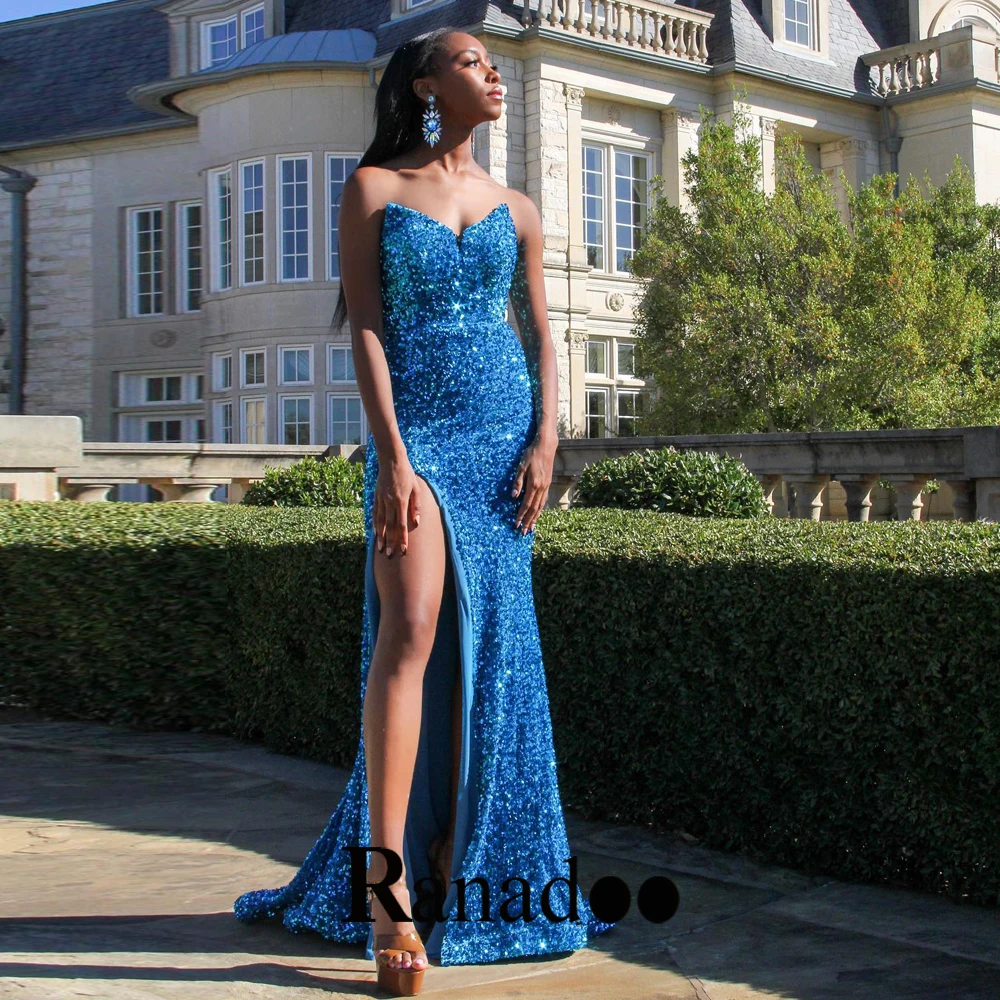 

Exquisite Sequins High Slit Evening Party For Women Mermaid Court Train Sleeveless Zipper Robe De Ball Stretch Valentine's Day