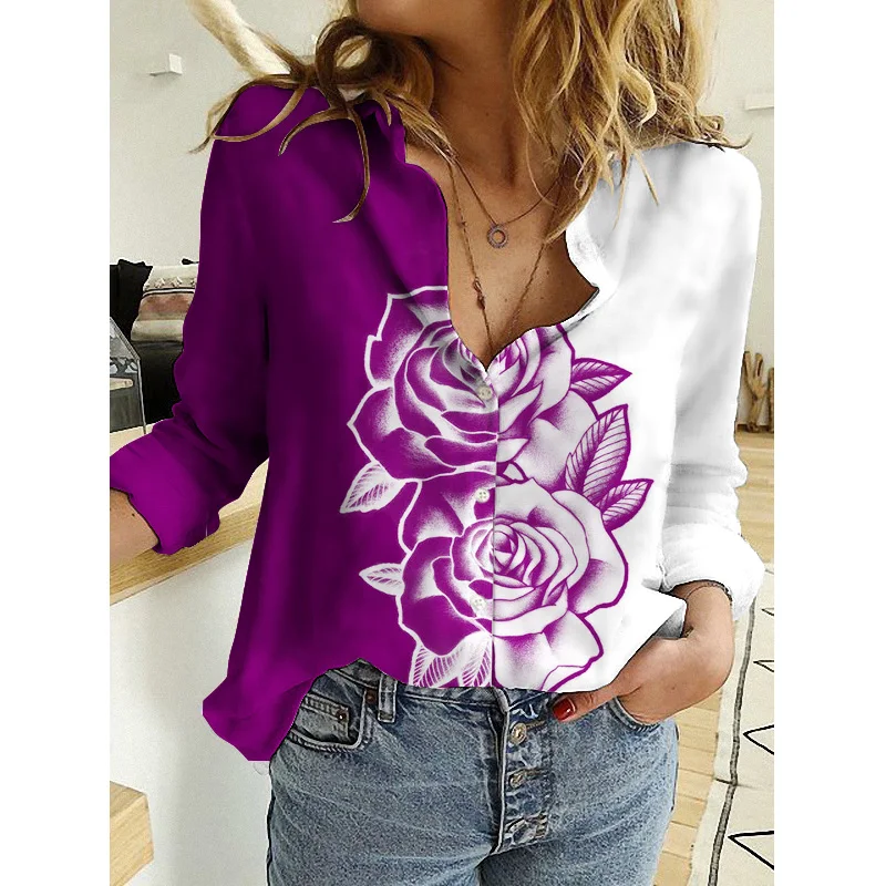 

Elegant Vintage Rose Floral Printed Shirts For Women's 2022 New Fashion Casual Button Long Sleeve Oversized Chiffon Blouses Lady