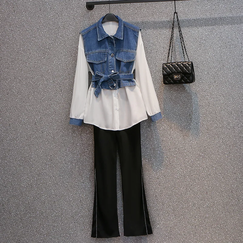 

Korean Popular Street Style Elegant Women's Pants Set Fashion Blue Denim Shirt pant Two-piece Set Famele Tracksuit Sportswear