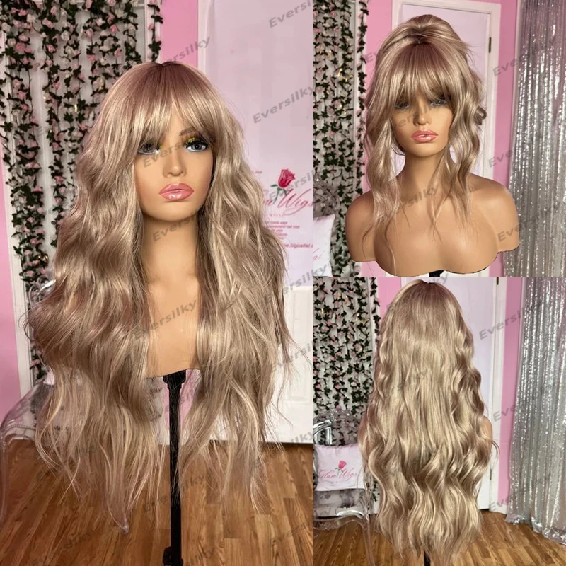Butterscotch Blonde/Frosty Blonde Long Wavy 13X6 Lace Front Human Hair Wigs for Black Women With Bangs Glueless Fringe Wigs