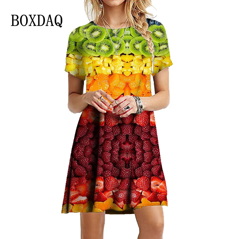 

Mini Dress Women Oversized Summer Fashion Fruit Print Sundresses Short Sleeve O-Neck Loose Casual Beach Streetwear Women Clothes