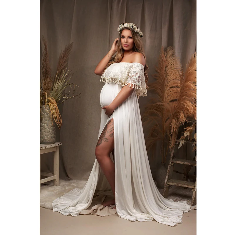 

White Off Shoulder Pregnant Women's Dresses Solid Lace Mesh Split Tail Dress Photographic Prop Robe Grossesse Shooting Photo