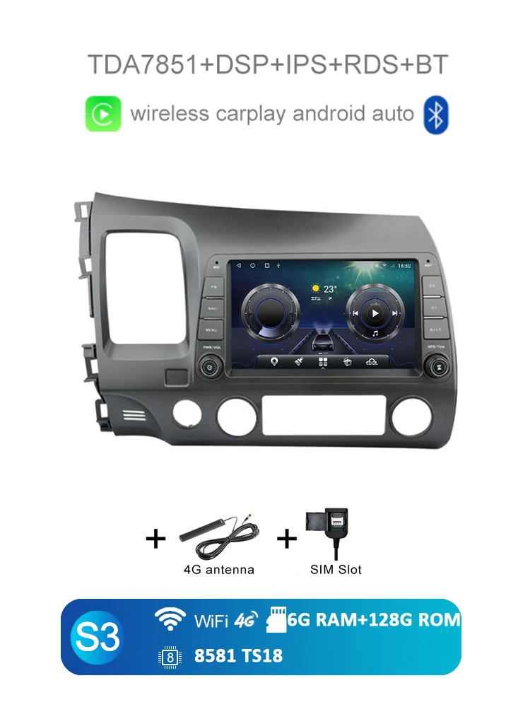 

360 12G + 256G Carplay Auto Android 14.0 8 "IPS 4G SIM Автомобильный DVD-плеер GPS Карта WIFI Bluetooth RDS Радио для Honda Civic 2005-2012