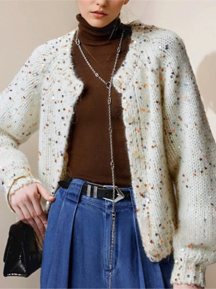 Вязаный кардиган с блестками в стиле ретро женский свитер на осень-зиму 2024 новый