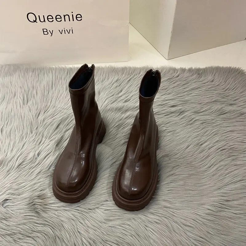 2023 New Spring Autumn Platform Women Boots Solid Casual Round Toed Zipper Fashion Ankle Female Boots Zapatillas De Mujer