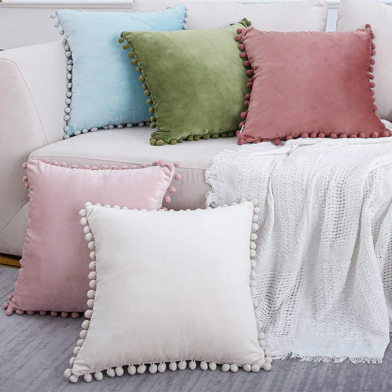 

Green Blue Grey Pink Solid Velvet Decorative Pillows Case Soft Velvet Cushion Cover with Pompom Ball Sofa Pillow Cover 45x45cm