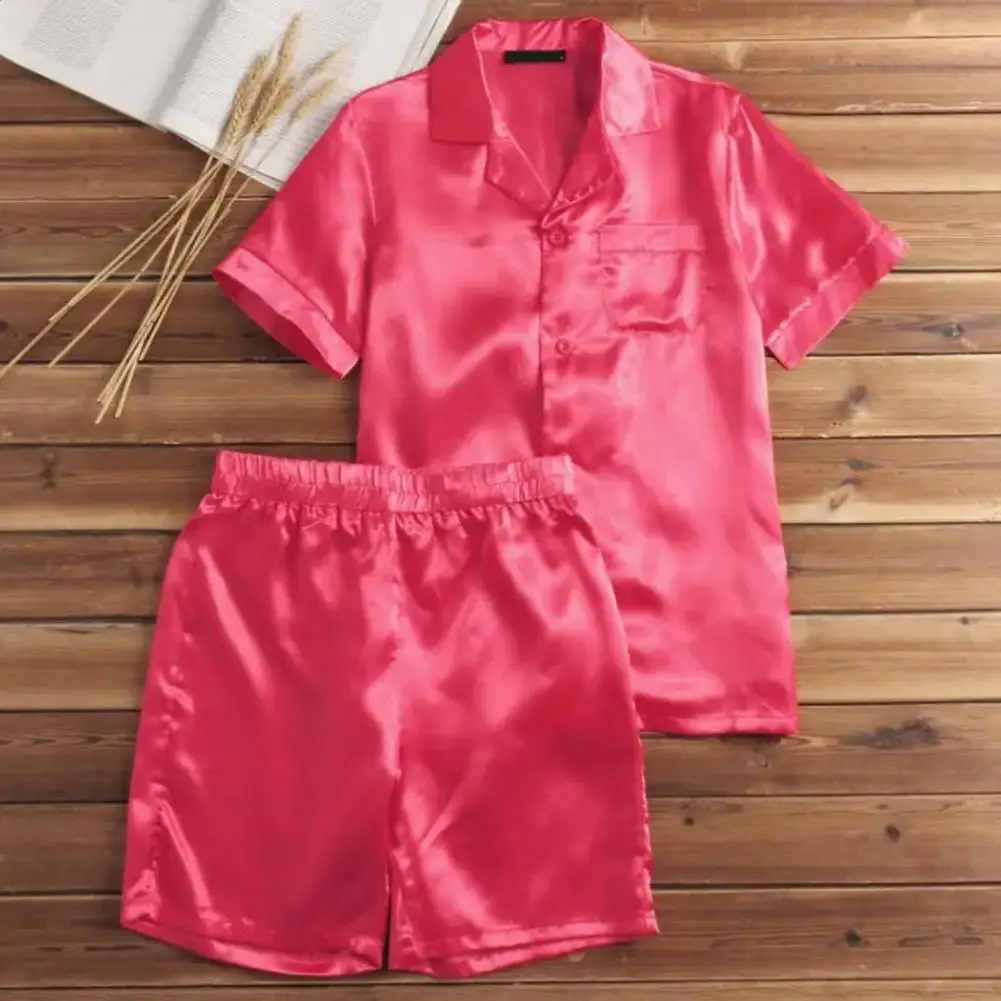

Trendy Men Sleepwear Set TUrn-down Collar Men Pajamas Set Solid Color Sleeping Two Piece Set Men Summer Nighty Suit