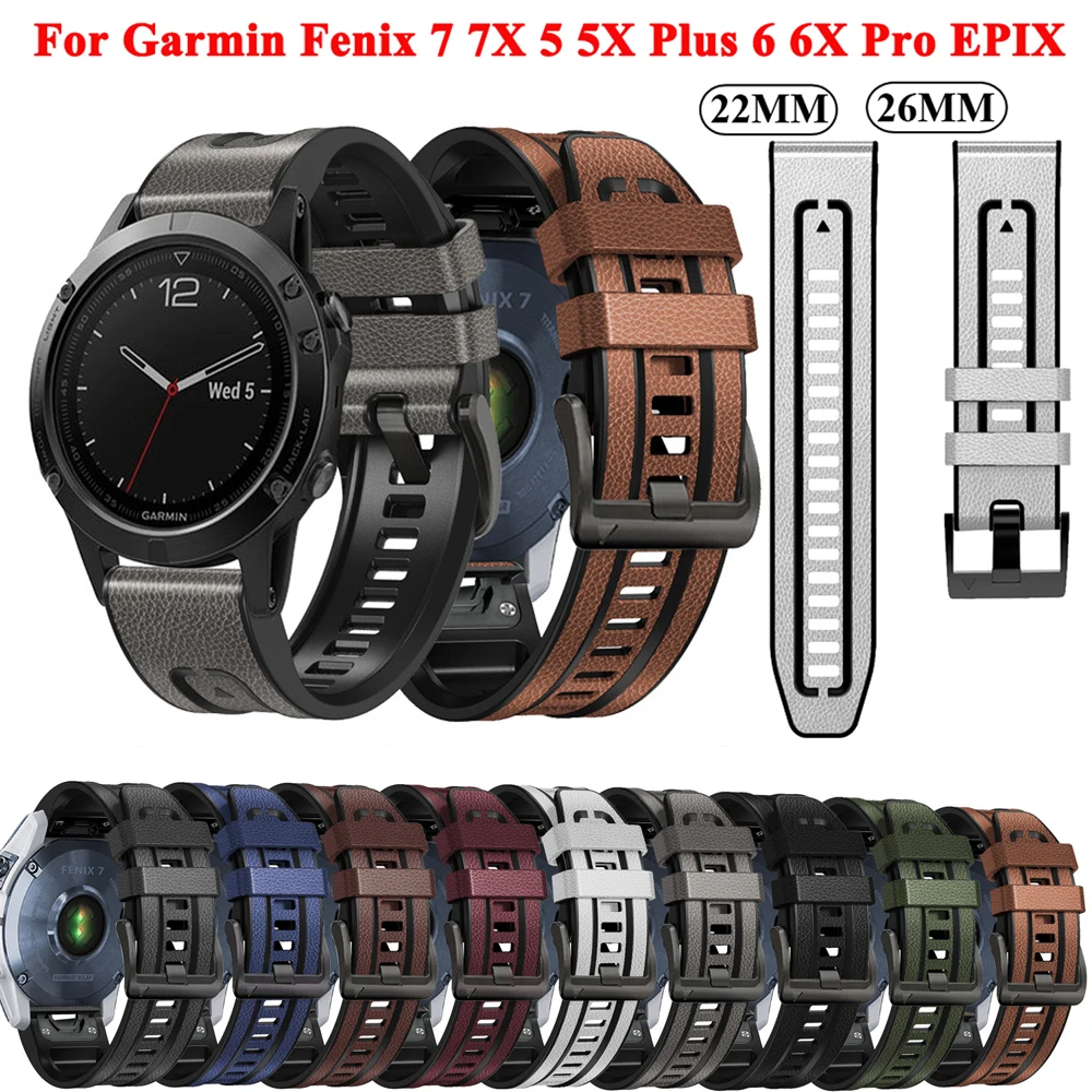 

22 26mm Quickfit Smart Watch Straps For Garmin Fenix 7 7X 6 6X Pro 5X 5 Plus 3HR 9455 Leather+Silicone Wrist Watchbands Bracelet