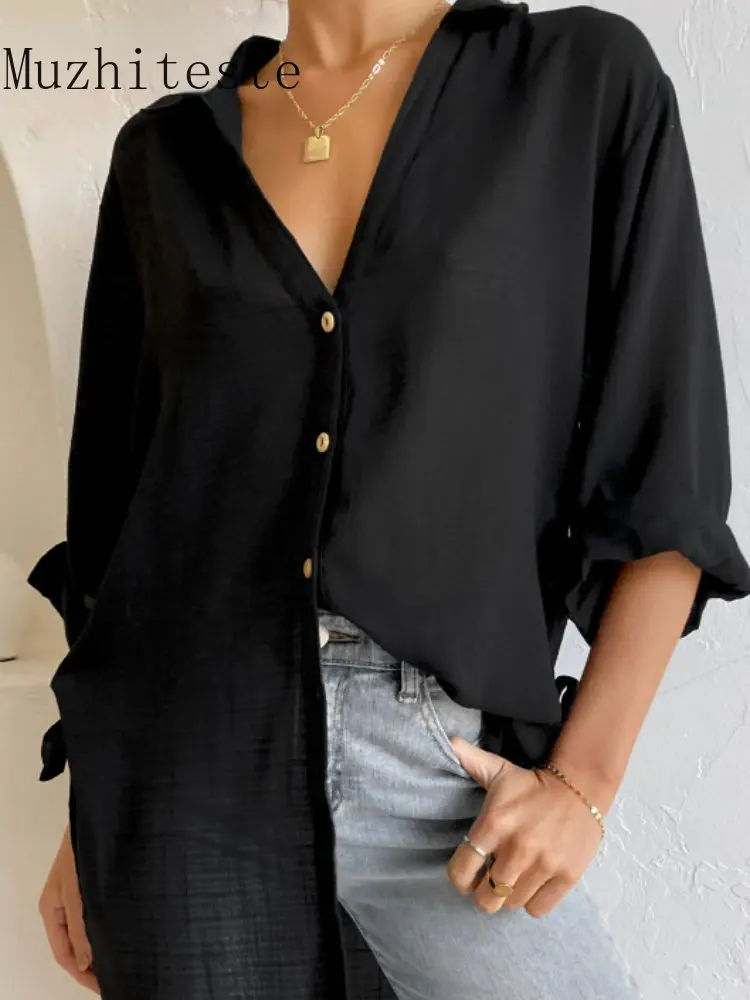

New In Blouse Women Side Tie Quartered Bell Sleeves Top Spring Summer New 2023 Casual Solid Color Long Shirt Stylish Women Tops