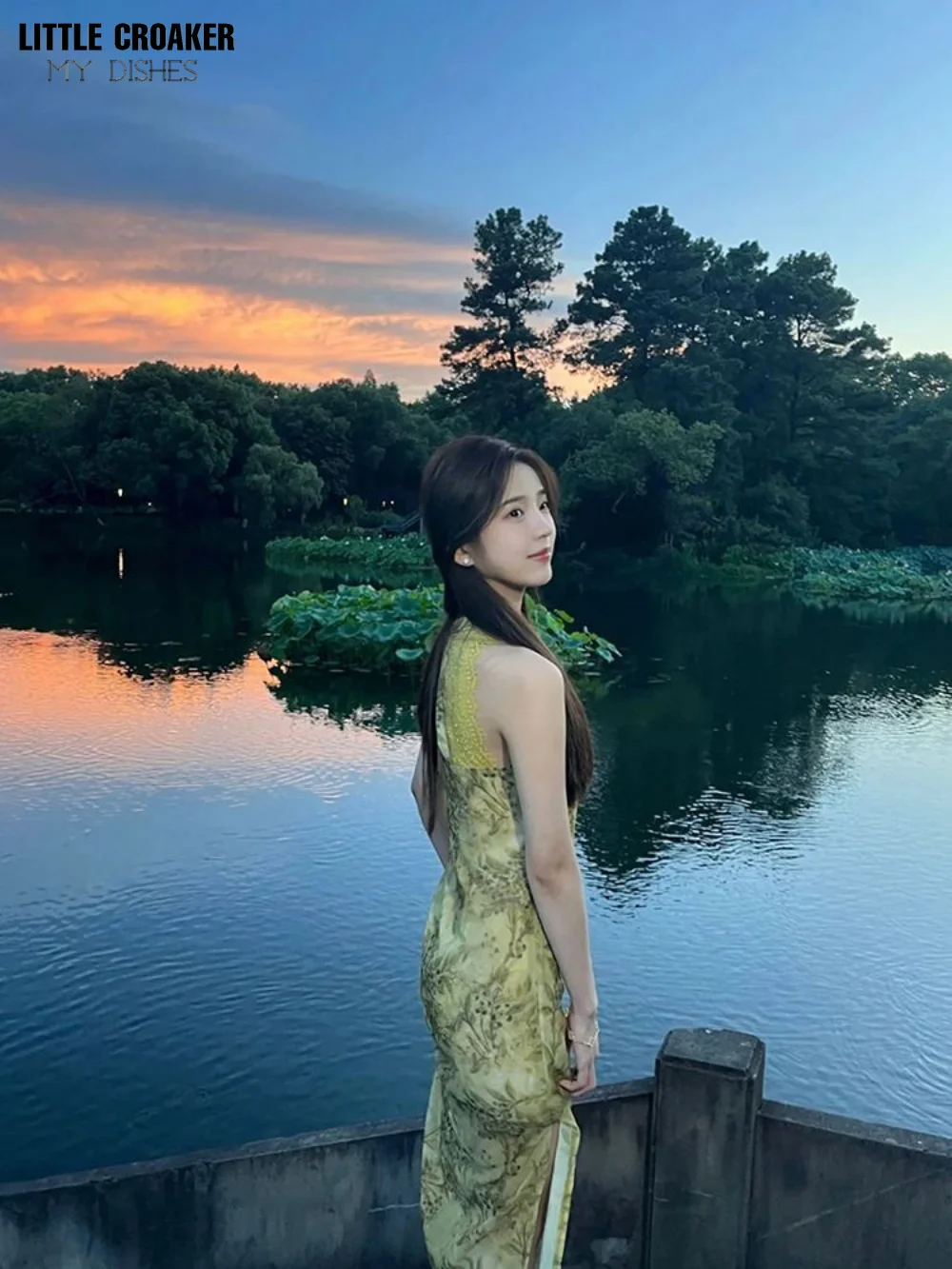 Платье-Ципао женское зеленое крутое шифоновое модифицированное сказочное