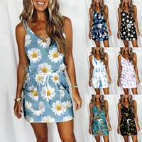 2022 fashion womens loose casual summer dress digital flower printing suspender one piece v neck off sleeve skirt dress female