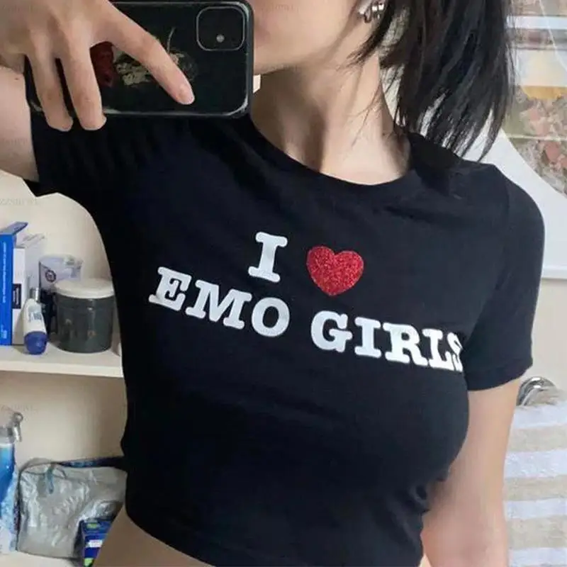 

Y2k Clothing Emo Girl Crop Top Women 2000s Aesthetic Cute Harajuku Letter Print Slim Short Sleeve T-Shirt Punk Grunge Gothic Tee