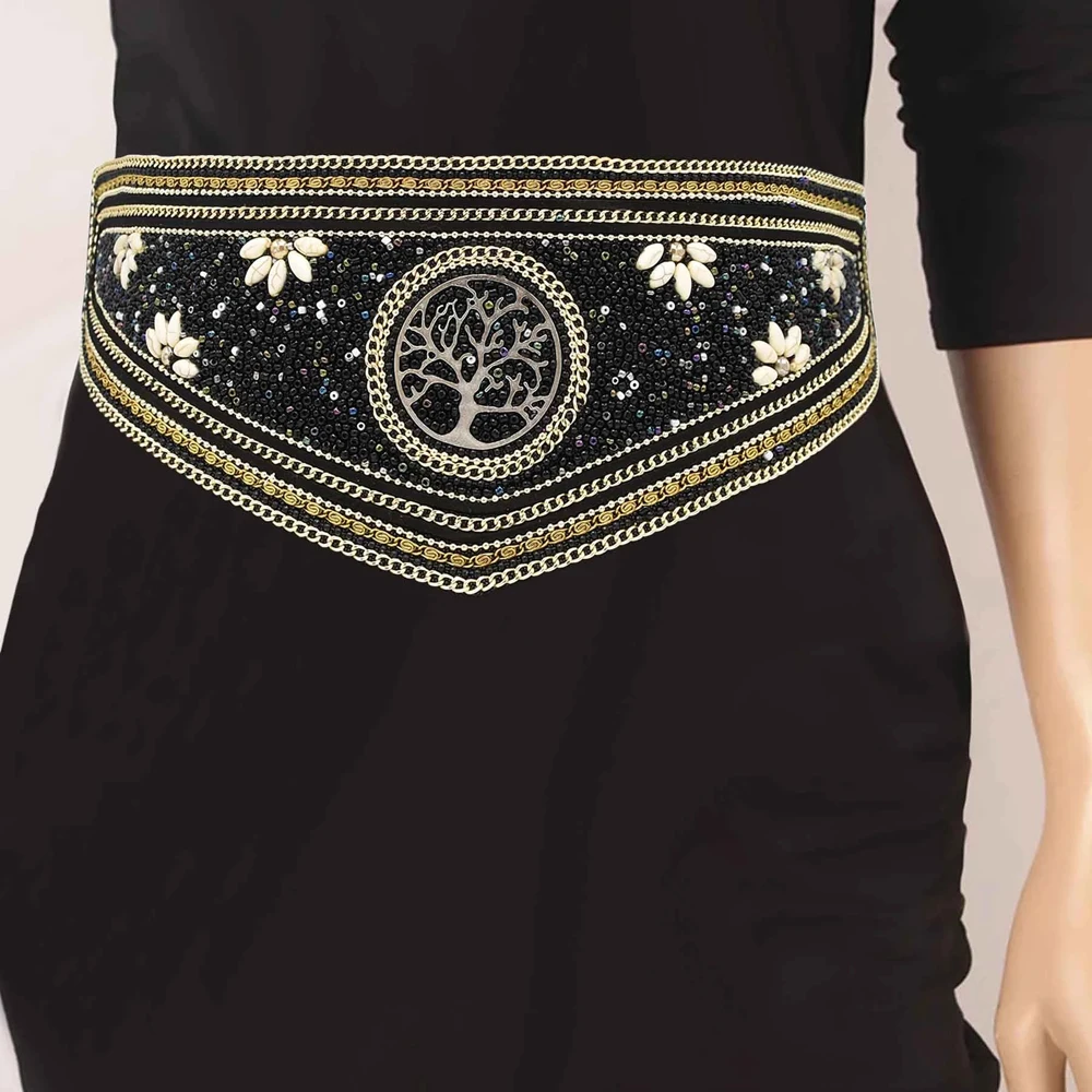 

Black Resin Bead Leather Ethnic Belt Waistband For Fashion Dressing Boho African Tribal Jeweled Elastic Body Chain Waist Jewelry