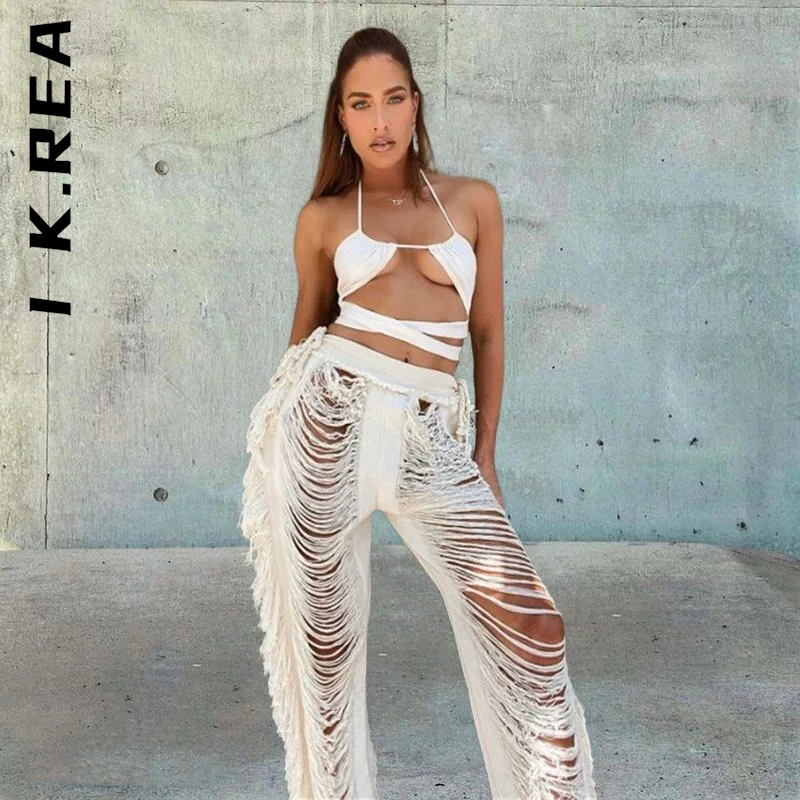 

Женские винтажные брюки с бахромой I K.Rea, однотонные трикотажные хипстерские брюки Y2k, женские прямые брюки, Лидер продаж