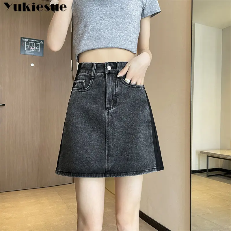 

Летняя Повседневная джинсовая юбка с высокой талией, Женская однотонная трапециевидная модная дизайнерская Универсальная Женская юбка в Корейском стиле с карманами, новая простая повседневная