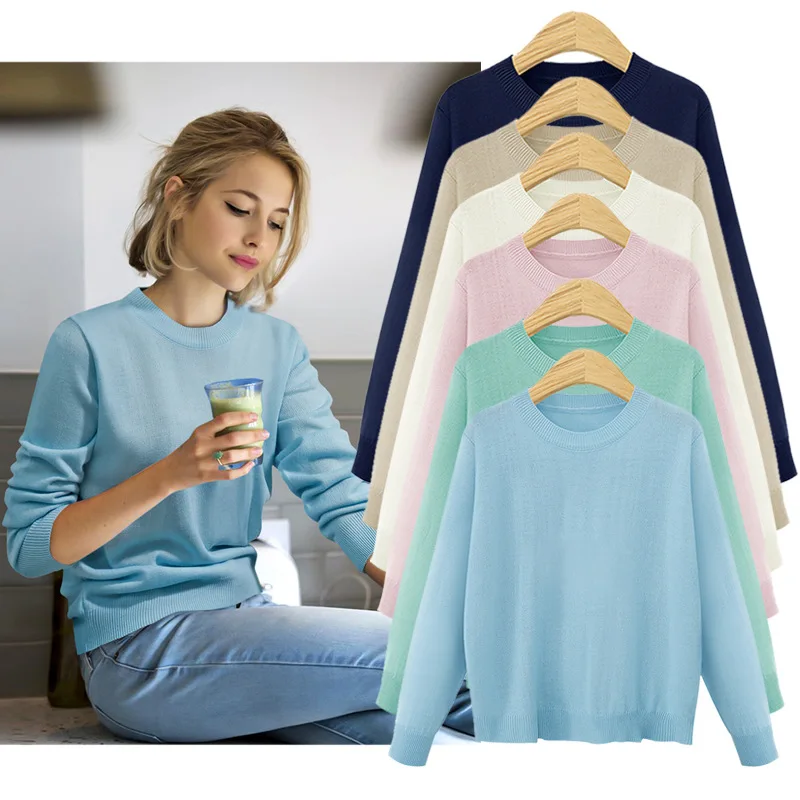 

New Women Autumn Winter Clothes Solid Round Neck Sweater Jumper Long-sleeved Knitted Pullovers Shirt Female Tops Size M-6XL