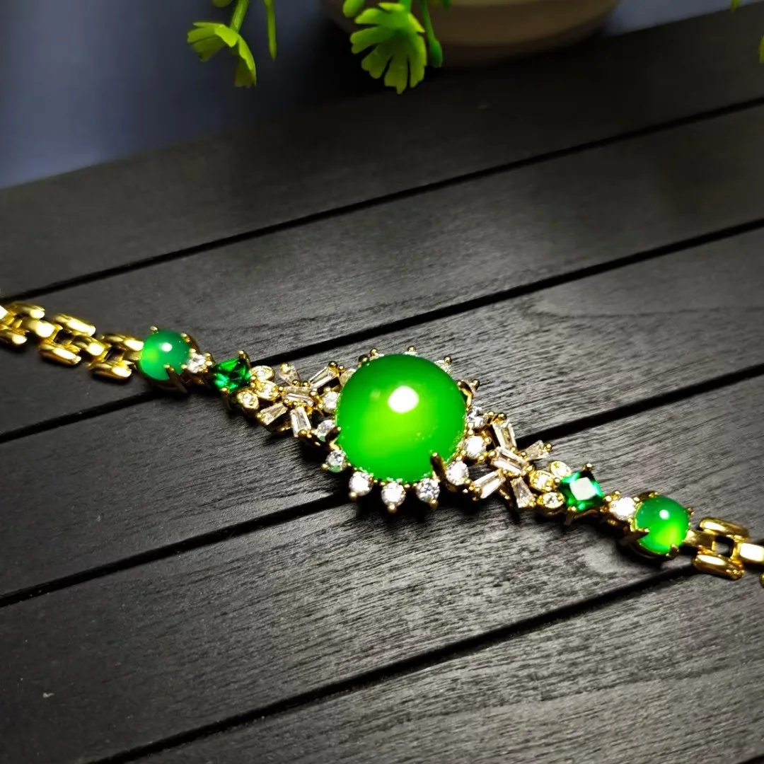 

Fine Jewelry Bangle Women Green Jade And Silver Bracelet Genuine Natural Chrysoprase Bracelets Chalcedony Jewelry Accessories