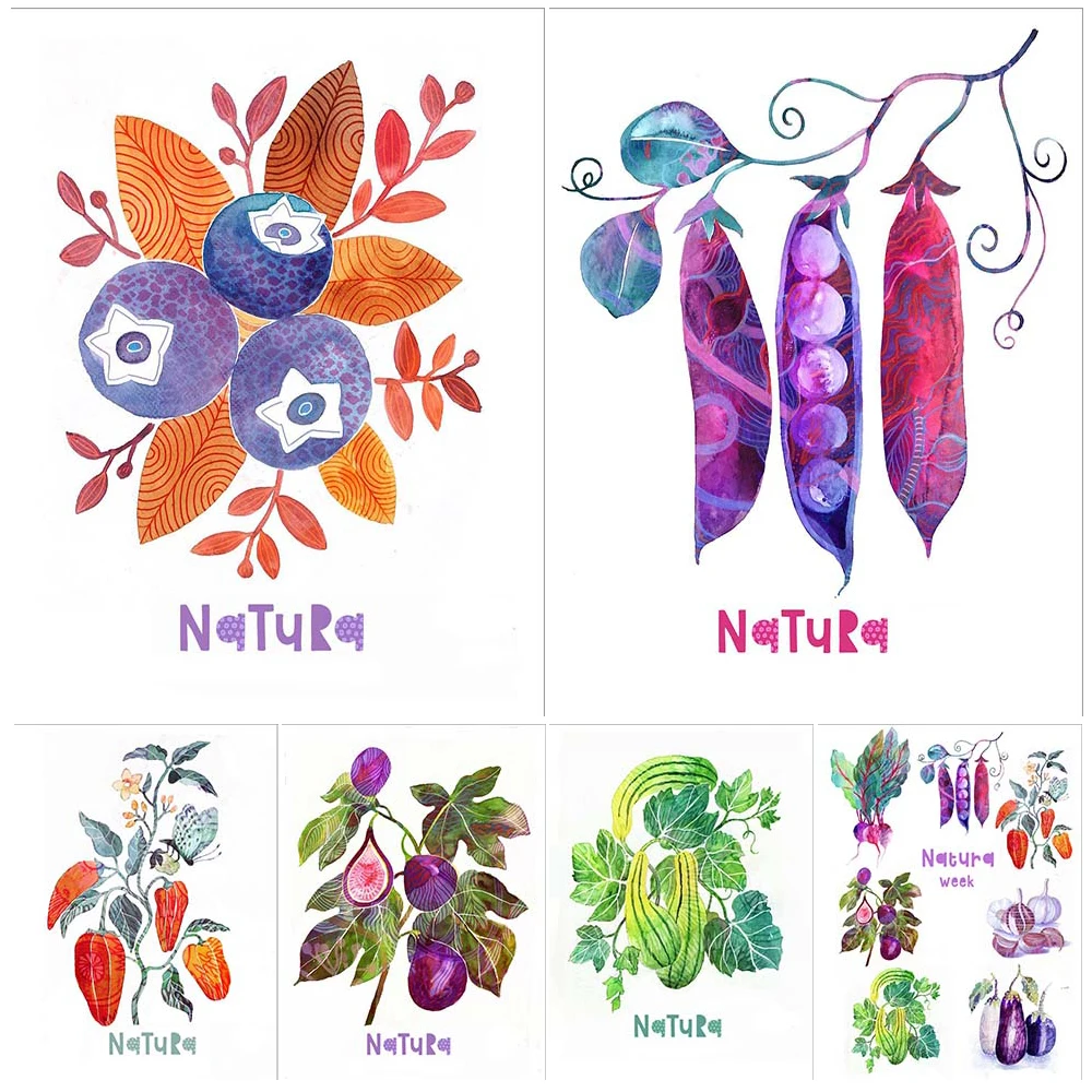 Настенный плакат с акварелью фруктами и искусственными листьями Картина на