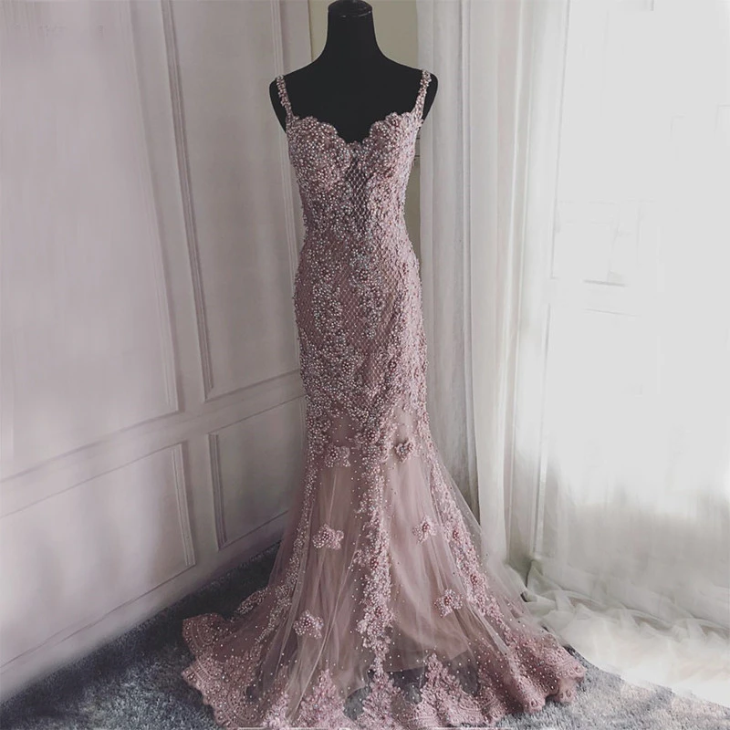 

Suspenders V Neck Pink Prom Dress Elegant Mermaid Style Gowns Lace Pears Long Evening Dresses 2020 For Women Customized