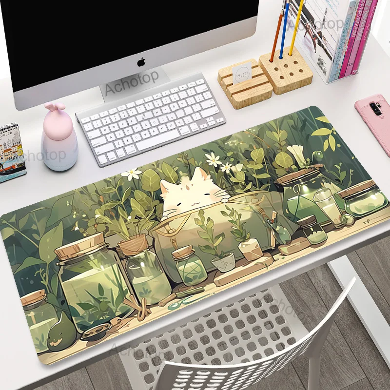 

100x55 Mouse Pad Kawaii Cat Deskmat Large Gamer Mousepad Cute Green Plant Rug Gaming Keyboard Laptop Carpet Cartoon XL Mouse Mat