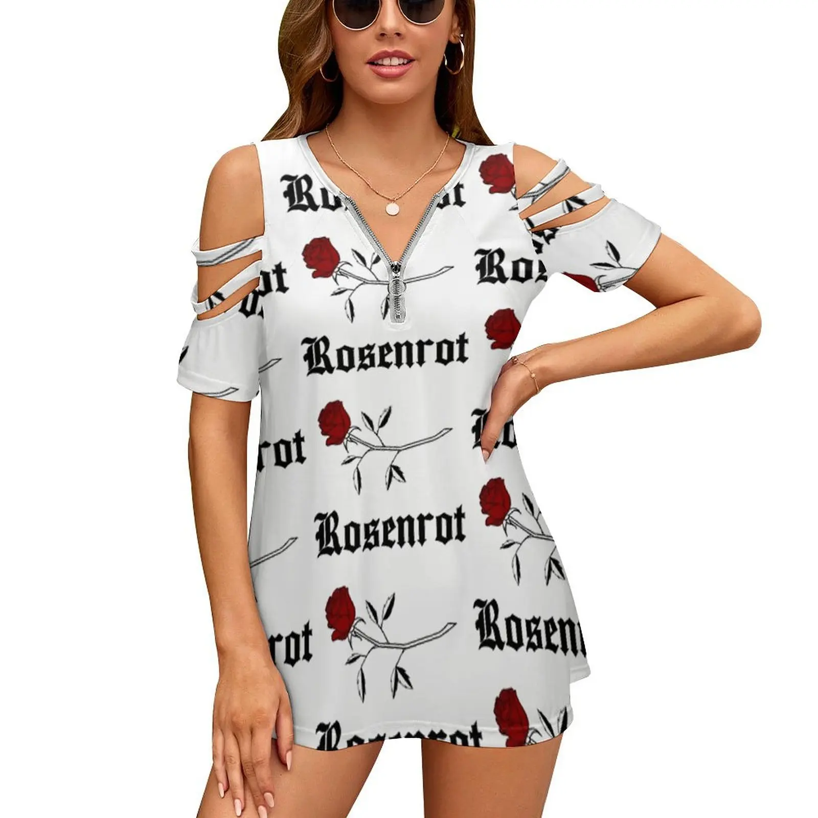 

Rosenrot-Black Women Zipper Sexy Printed Vintage T Shirts Tops Full Print T-Shirt Rosenrot Red Rose Flower Tattoo Traditional