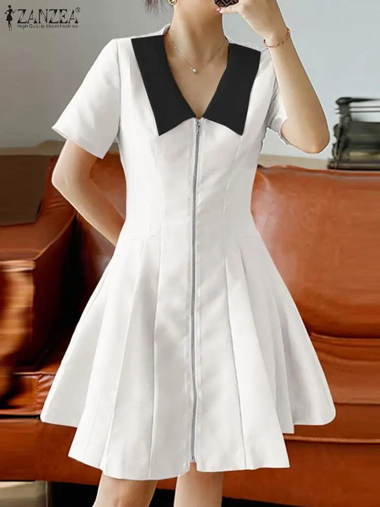 

Платье ZANZEA женское Плиссированное с воротником с лацканами, модное короткое платье в Корейском стиле с цветными вставками, на молнии, лето 2023