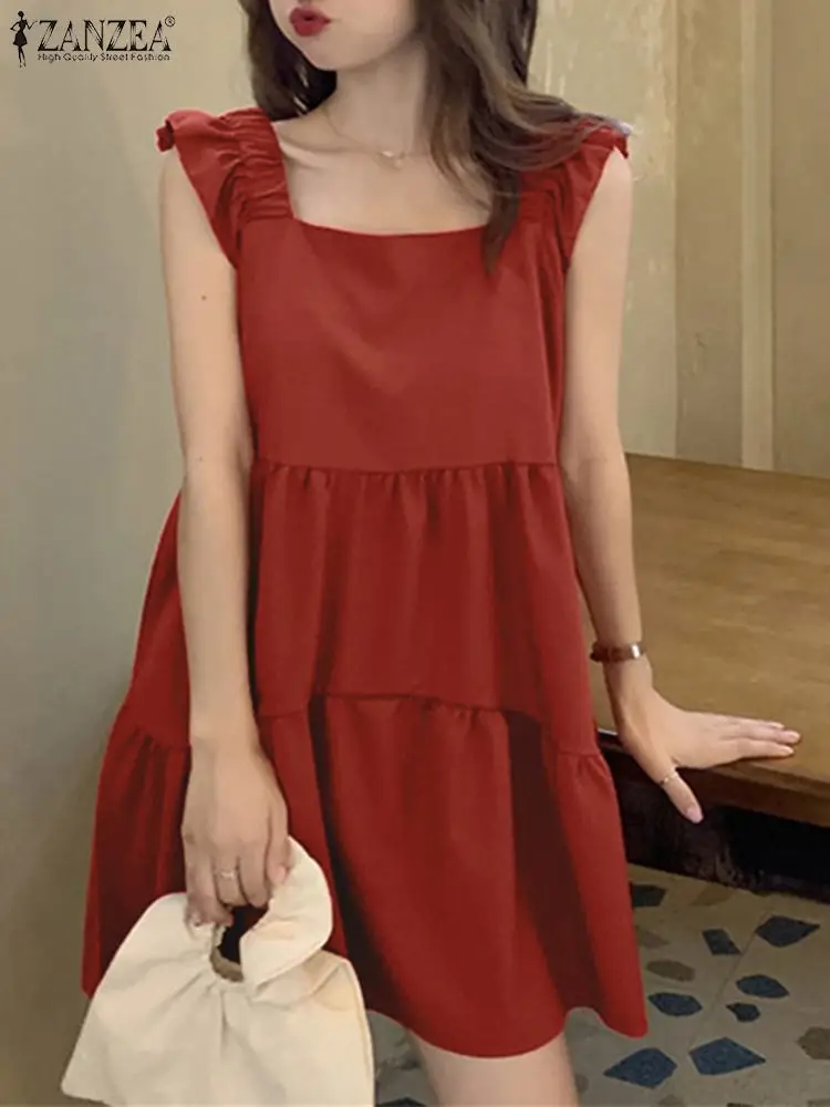 

Женский летний сарафан без рукавов с оборками ZANZEA 2023, богемное праздничное пляжное мини-платье, повседневное однотонное короткое платье, сарафаны