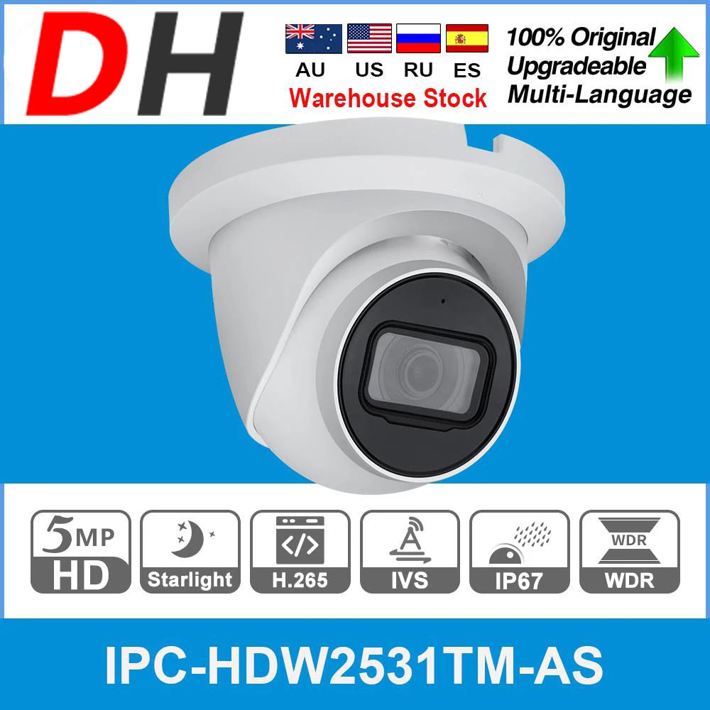 

Original Dahua IPC-HDW2531TM-AS-S2 5MP POE Built-in Mic SD Card Slot H.265+ 30M IR IVS WDR IP67 Starlight Eyeball IP Camera