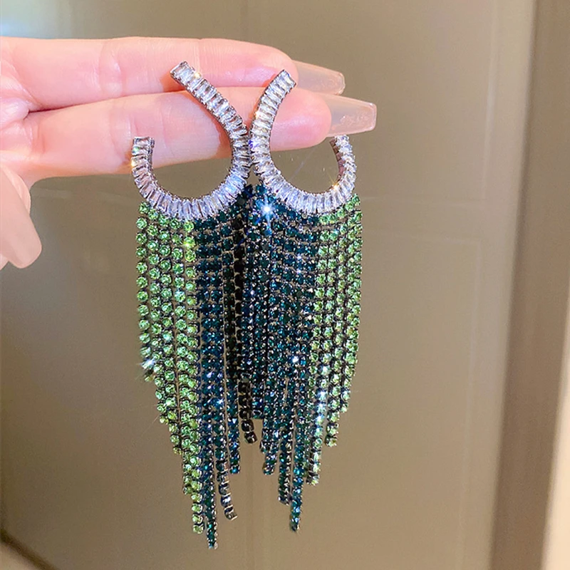 

Fashion Green Crystal Long Tassel Earrings for Women Rhinestone Drop Dangle Earrings Ladies Party Weddings Jewelry Accessories