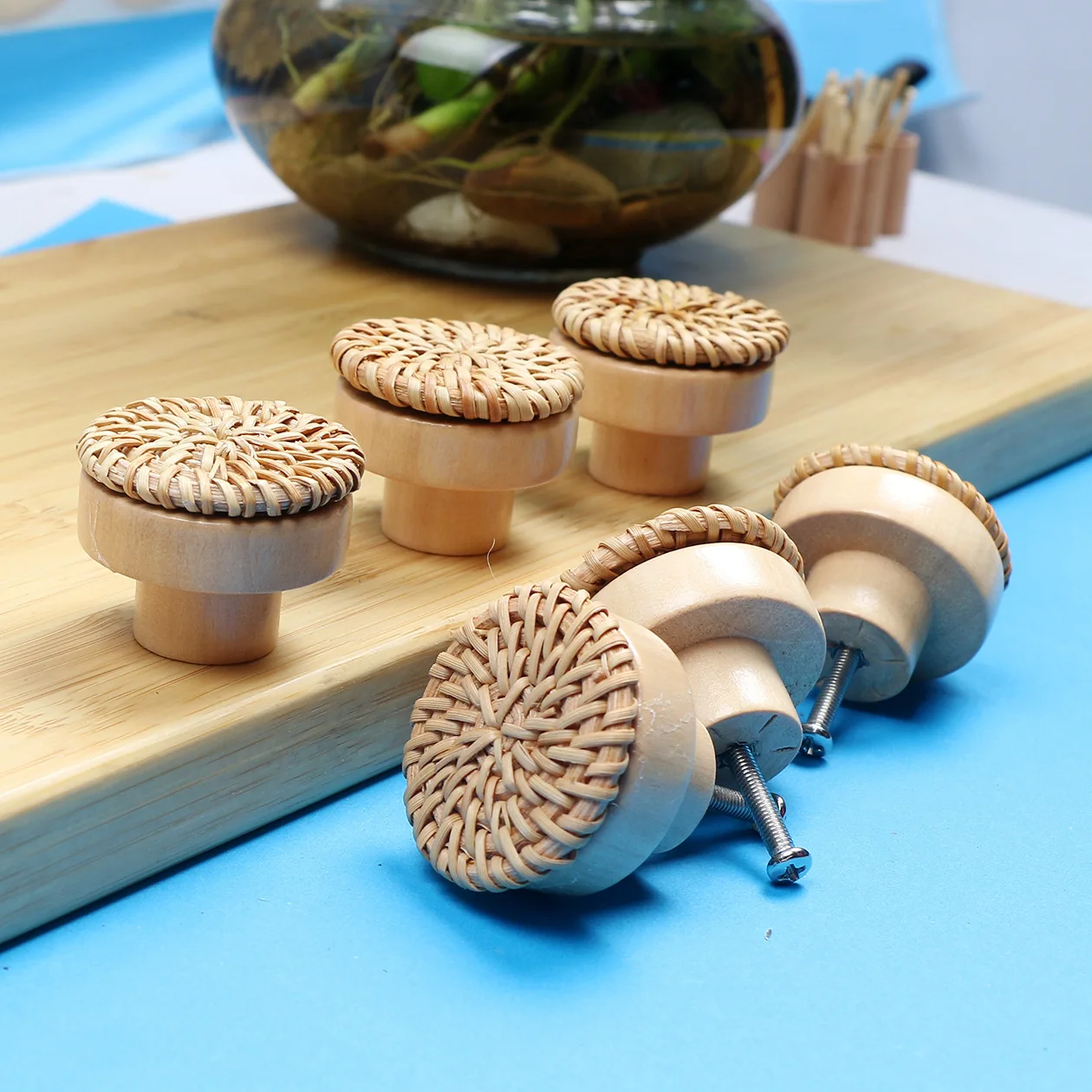 

YOZWOO Wooden Handles Beech Rattan Drawer Knobs Wardrobe Furniture Handle Cupboard Door Handle Dresser Pulls Furniture Hardware