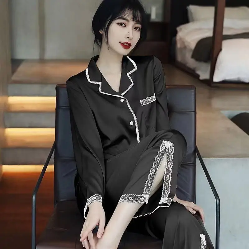 1 2023 pajamas women's spring and autumn long-sleeved thin ice silk new loose household clothing lace silk suit