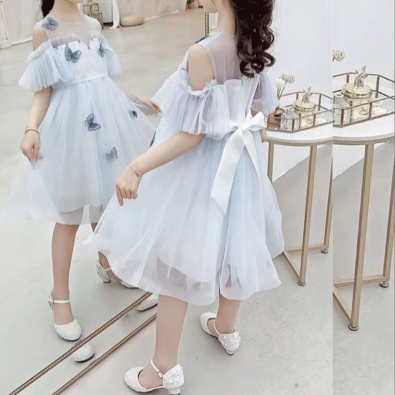 

Новинка лета 2023 милое белое платье для девочек с коротким рукавом Лоскутная юбка принцессы с бабочками однотонное милое платье с круглым вырезом