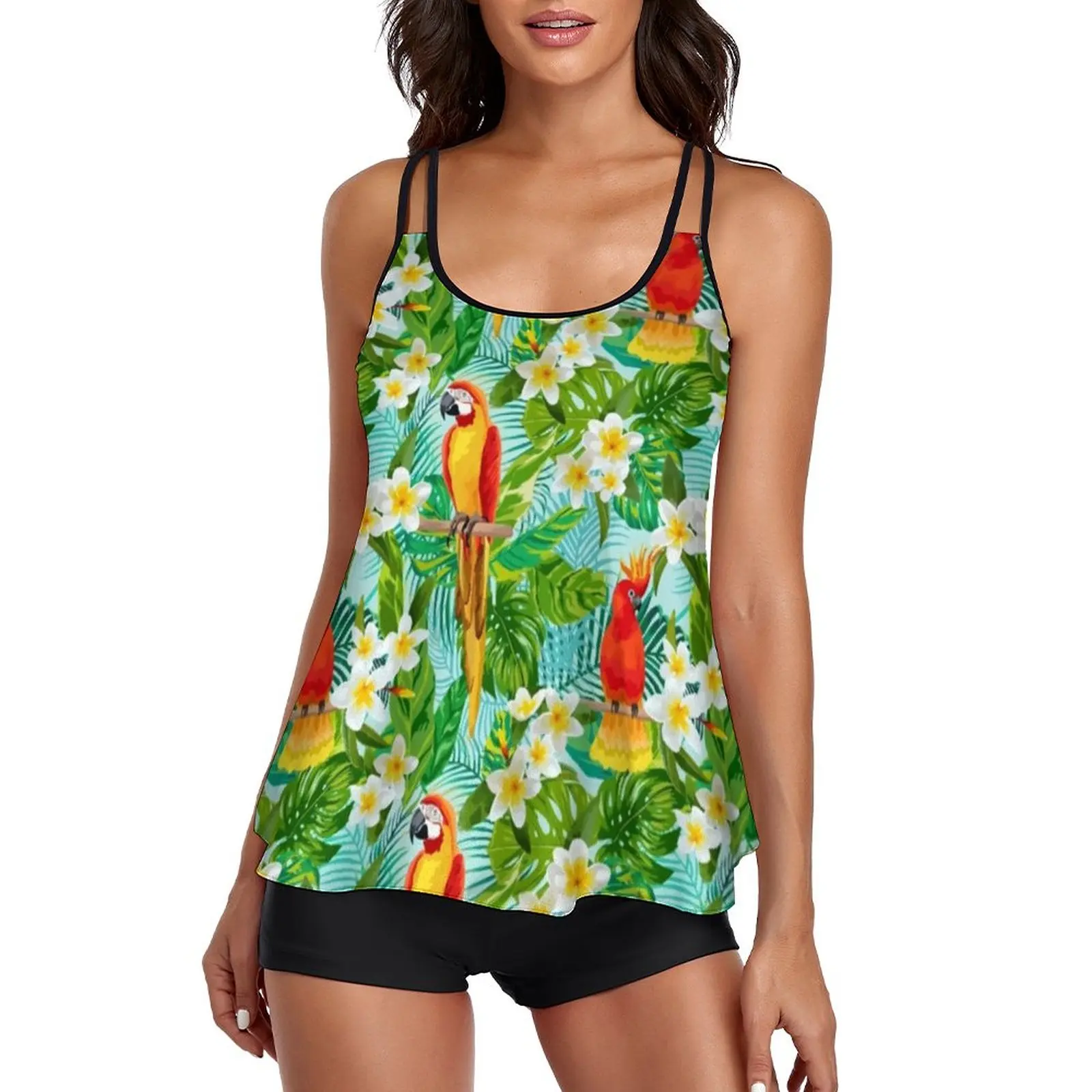 

Tropical Parrot Swimsuit Floral Leaves Print Tankini Swimwear Two Piece Bathing Suit Female Sexy Fitness Stylish Beachwear Gift