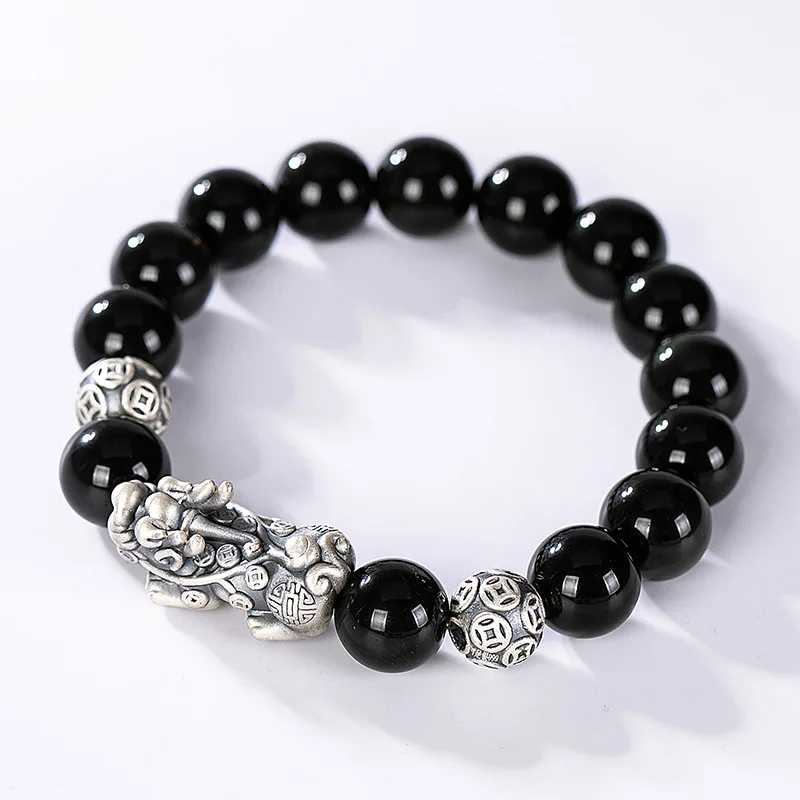 

S925 Sterling Silver Obsidian Pixiu Bracelet Plain Thai Silver Personality Bracelet for Men and Women Couples Jewelry