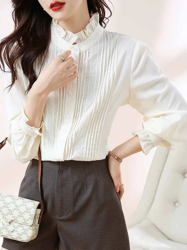 

Loose Women's Shirts Woman Elegant Long Sleeve Top Stand Collar Fashion Ruffle Blouses Youth Blouse Clothing Female Blusas 24487