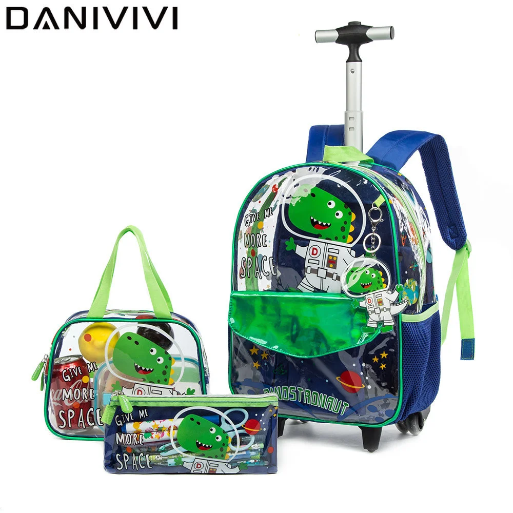 

Cute Dinosaur Transparent Trolly Bag with Wheels 3 IN 1 Set School Bags Kids Bags for Boys 16 Inch Mochila Infantil De Menino