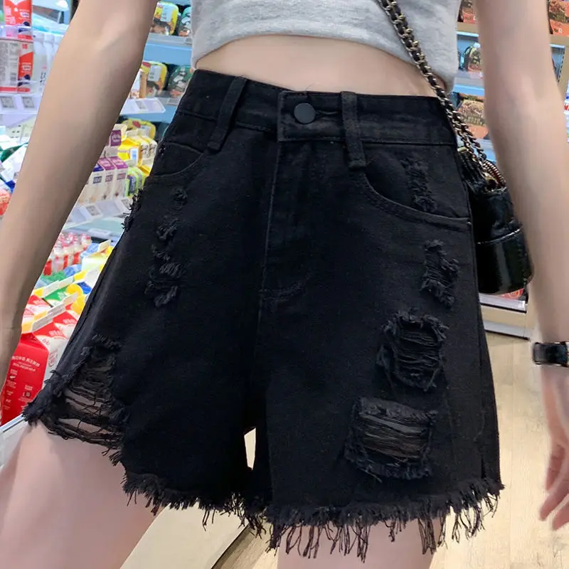 Hole Light Women's Denim Shorts Sexy Hot Mini Shorts New Korean Trend Hollow Black Shorts Retro Hollow Wide Leg Aesthetics