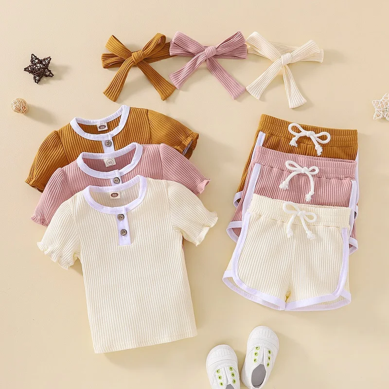 

6M-4Y Little Girls Sweet Style Outfit Set 3Pcs Kids Clothing Suit Toddlers Summer Short Sleeve Tops Shorts Headwear Baby Toddler