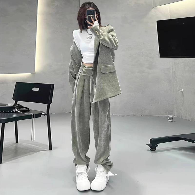 

Office Lady Corduroy Two Piece Set Full Sleeve Suit Jacket Coat + High Waist Wide Leg Pant Sets Vintage 2 Piece Outfits Female