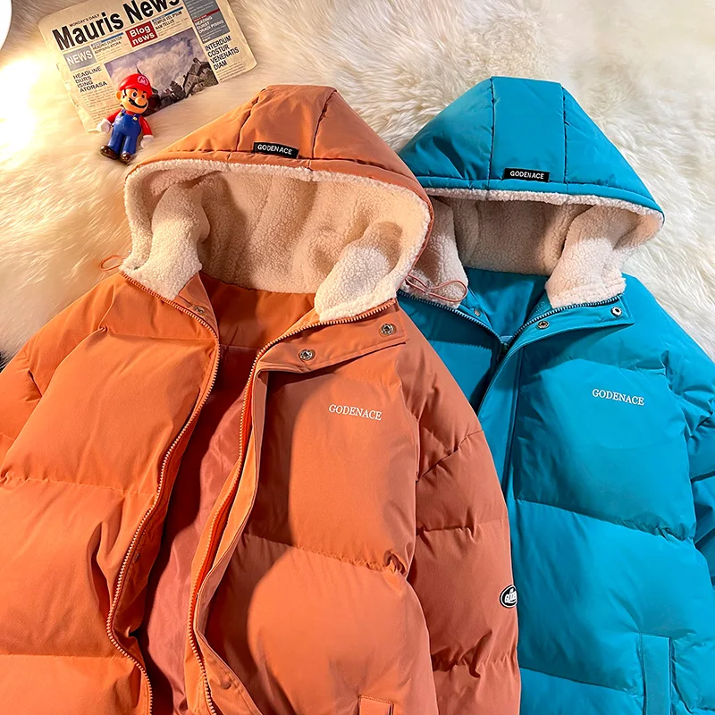 Streetwear Winter Men's Parkas Woolen Padded Coat Korean Loose Hooded Warm Thicken Male Casual Outwear