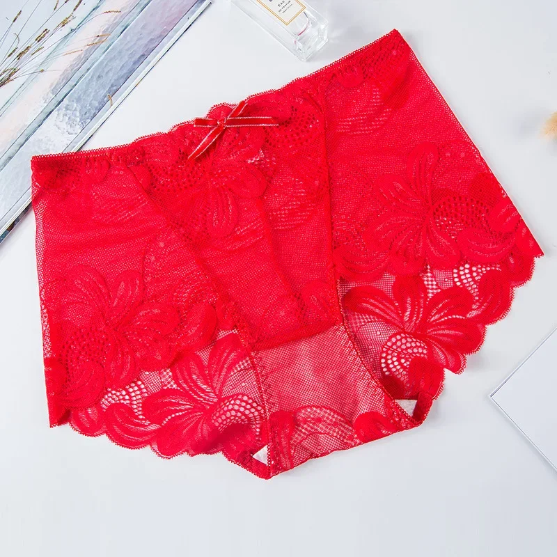 

Women's Briefs Lace Sexy Mid Waist Breathable Mesh Cotton Underwear
