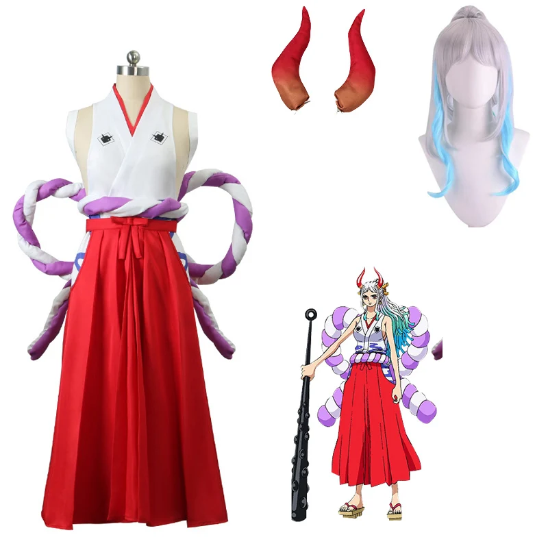 

Japanese Anime Yamato Cosplay Wig One Hakama Kendo Samurai Kimono Dress Women 6 Pieces Suit Carnival Party Clothes Set