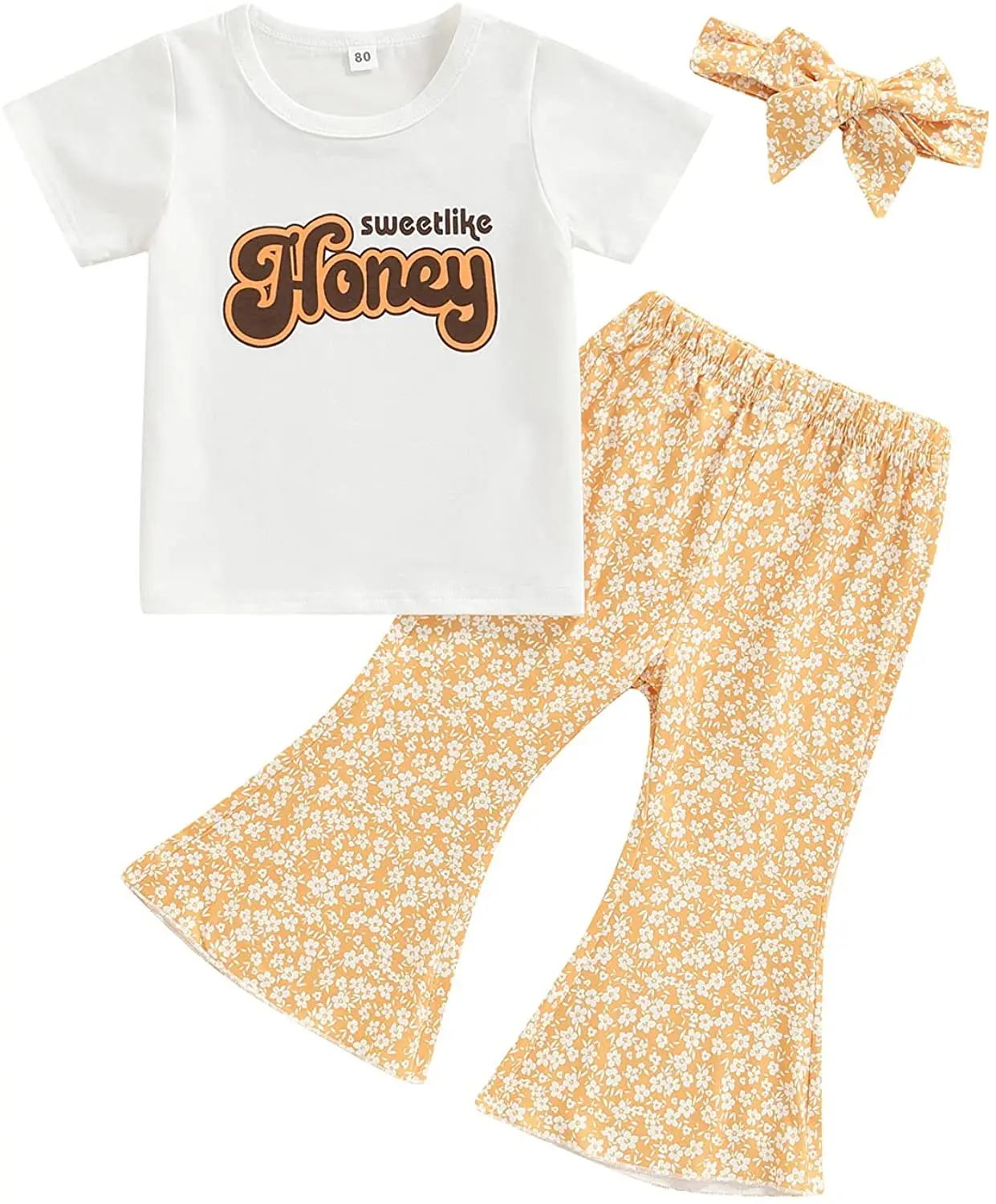 

Toddler Baby Girls Summer Outfit White Short Sleeve Letter Print T-Shirt Floral Flared Pants Headband Set